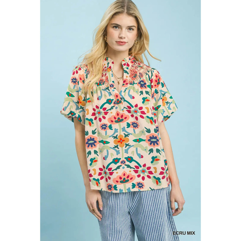 Umgee Folk Art Print Top with Smocked Detail - Picture 1 of 5